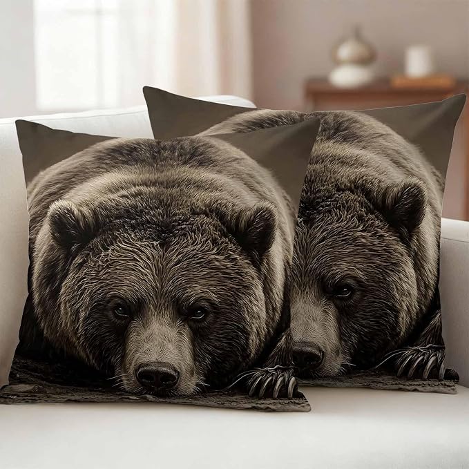 Waterproof Pillow Covers Set of 2,Rustic Brown Grizzly Bear Outdoor Pillow Protectors with Zipper Pillowcases for Patio Tent Garden Beach 24x24 Inches Abstract Forest Wildlife Animal