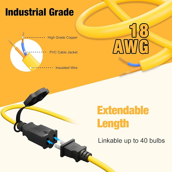 100FT Construction String Lights, IP65 Waterproof ETL Certified LED String Work Lights, 5000K Daylight 18AWG Wire Linkable Temporary Construction Lighting for Jobsite with 10 Bulbs & Hooks