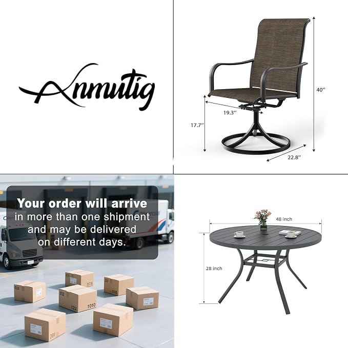 Outdoor Dining Set of 5 with 48" Round Table, Tan Grey Swivel Chairs Style2 | 4 Piece Swivel Chairs: High Back, Curved Armrest, Textilene Fabric, Rocking; 48 inch Metal Round Table, All Weather