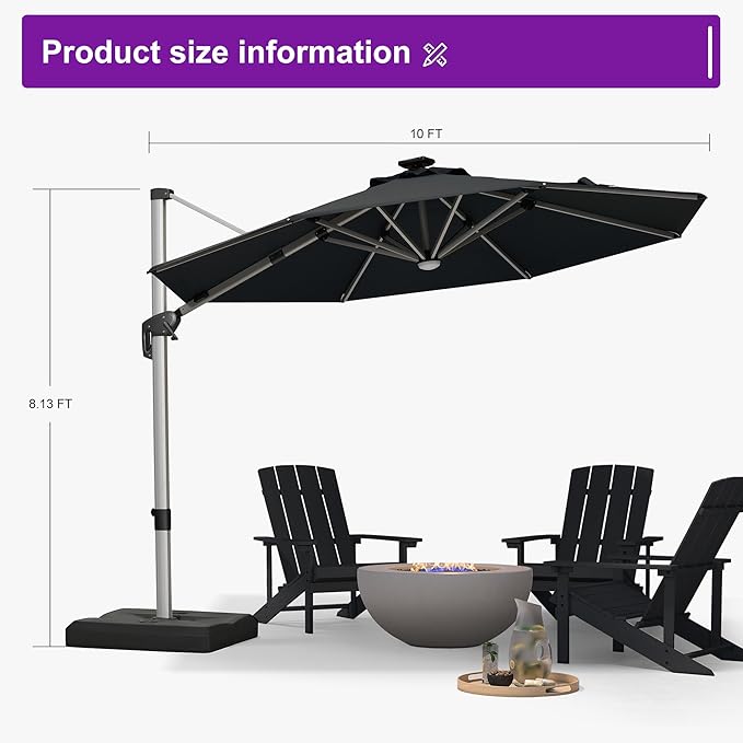 PURPLE LEAF Cantilever Umbrella with base 10ft Outdoor Round Patio Solar Powered LED Umbrella with 360-degree Rotation for Garden Deck Pool Patio, Black
