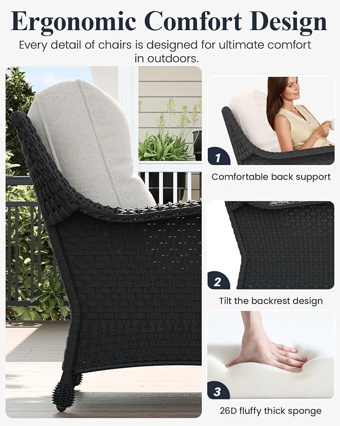LayinSun 3 Piece Wicker Outdoor Furniture Set with 6-inch Comfy Cushions, High Back Patio Furniture Set with Rattan Armchairs and Side Table