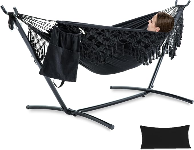 PNAEUT Handmade Tassel Hammocks, Double Hammock with Stand for Outside Indoor Outdoor, Max 450 lbs Capacity, Pillow & Storage Bag Included (Black)