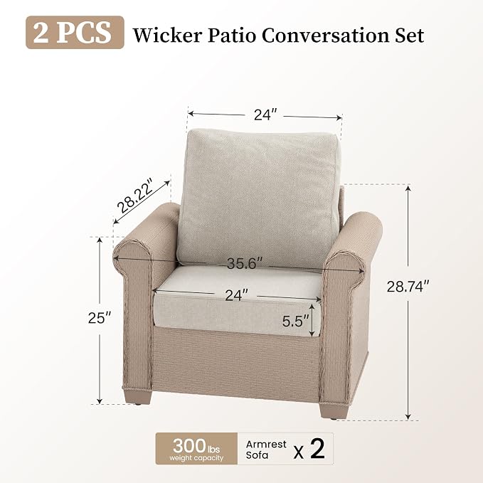 SUNSHINE VALLEY Patio Furniture Set 2 pcs, Rattan Outdoor Chairs with 5.5” Thick Waterproof Cushions, All Weather Wicker Conversation Set for Garden Backyard Deck, Beige