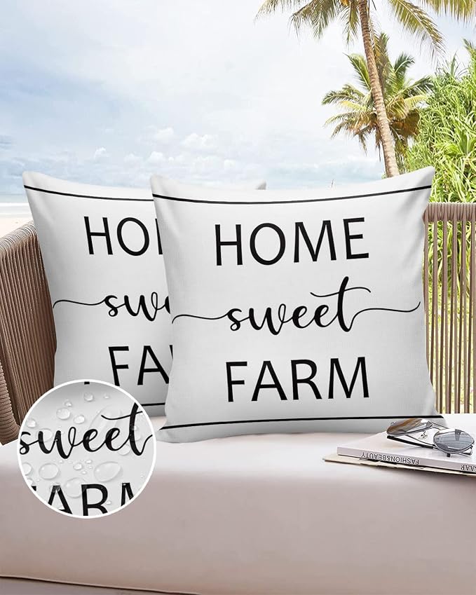 Outdoor Waterproof Pillow Covers for Patio Furniture Home Sweet Farm Decorative Throw Pillow Cover Farmhouse Funny Quote Pillowcases Set of 2 Cushion Case for Sofa Couch Chair Home Decor 24x24 inch