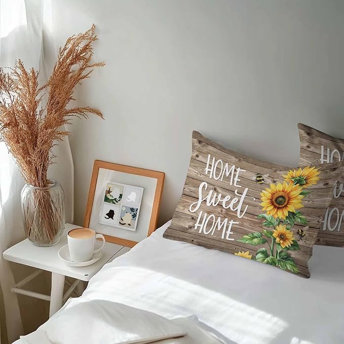 Lumbar Pillow Covers 20x12 Inch Set of 2, Sunflower Brown Waterproof Outdoor Pillow Covers, Farmhouse Bee Country Wooden Grain Decorative Cushion Pillowcases for Couch, Sofa, Bed, Garden, Patio
