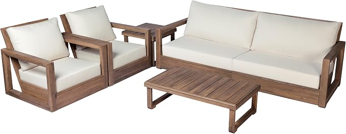 Christopher Knight Home 5-Piece Patio Furniture Set, Acacia Wood Outdoor Patio Sofa Set with 2 Swivel Rocking Chairs, 3-Seater Couch, Coffee Table & Side Table, Deep Seat Patio Conversation Set, Brown