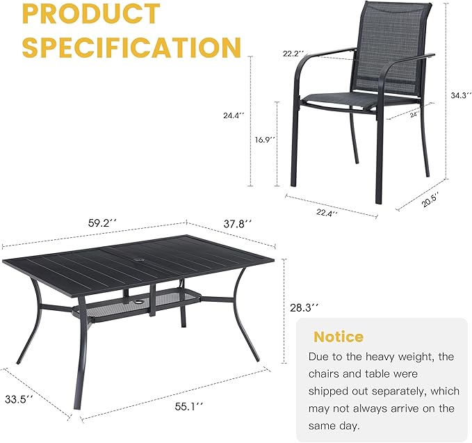 VICLLAX Patio Dining Set for 6, 7-piece Outdoor Dining Set - 59" Rectangle Patio Table and Chairs for Lawn Garden, Black Tabletop and Fabric