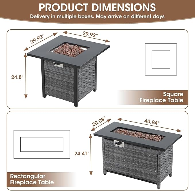 6-Piece Outdoor Patio Furniture Set, Grey Wicker Conversation Set with Sofa, 2 Swivel Chairs, 2 Ottomans and Rectangular 60,000 BTU Fire Pit Table, Beige Cushions