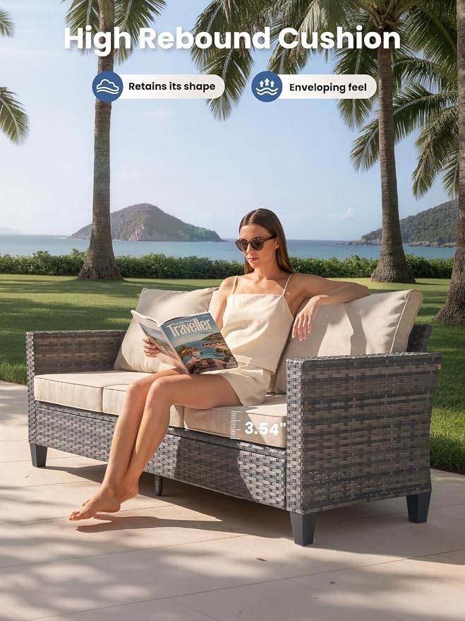 5-Piece Outdoor Patio Furniture Set with Swivel Chairs, Outdoor Conversation Wicker Sofa with Coffee Table, Rattan Couch for Deck, Backyard, Poolside (Beige)
