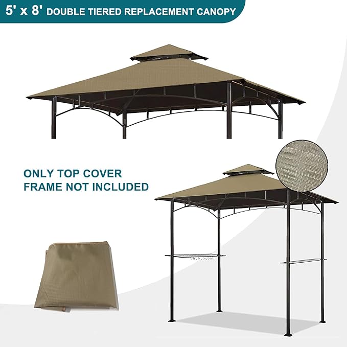 Grill Gazebo Replacement Canopy Top - Wonwon 5x8 Gazebo Roof Double Tiered Outdoor BBQ Roof Cover Grill Shelter Only Fit for Model L-GG001PST-F (Khaki Ripstop)