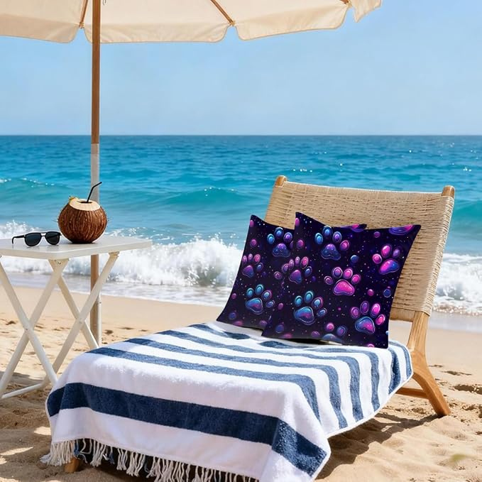 18x18 Inch Outdoor Pillow Covers Set of 2 Waterproof Throw Pillow Covers Decorative Couch Cushion Covers Neon Glowing Cat Paw Square Pillowcases Protectors for Patio Garden Sofa