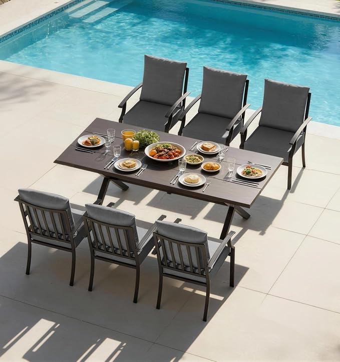 7 PCS Outdoor Patio Dining Set,Patio Table and Chairs Metal Outdoor Patio Furniture Set with Umbrella Hole,Dining Table Set with 6 Chairs for Deck,Backyard and Garden,Grey