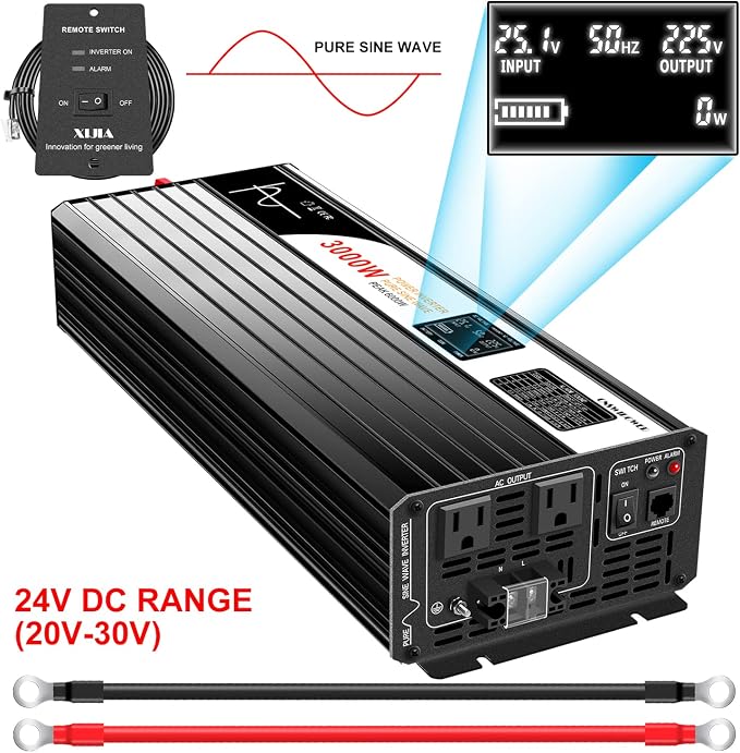 Xijia 3000W Pure Sine Wave Inverter 24V DC to 120V AC Converter for Home, RV, Truck, Off-Grid Solar Power 110V with Smart Bluetooth App Remote Control