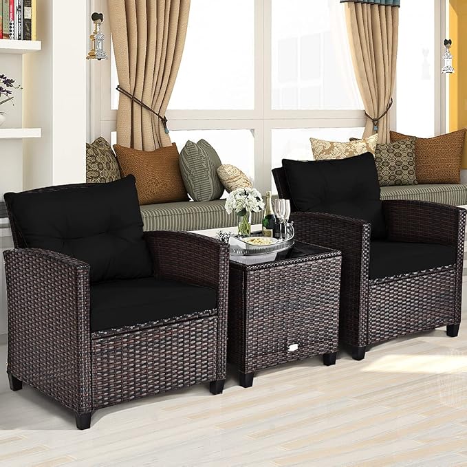 KOTEK 3 Piece Patio Furniture Set, Outdoor Conversation Set with Washable Cushions & Tempered Glass Tabletop, PE Rattan Wicker Bistro Set for Porch, Garden, Balcony (Black)