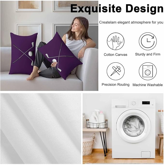 Vandarllin Outdoor Throw Pillows Covers 20x12 inch Set of 2 Waterproof Golf Ball Club Decorative Zippered Cushion Covers for Patio Furniture, Game Sports Purple Lumbar Pillowcases