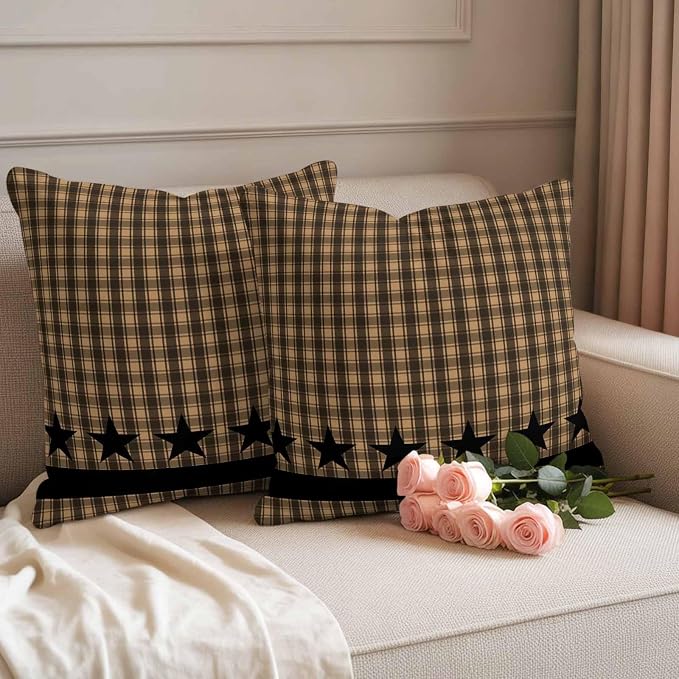 Brown Black Plaid Waterproof Outdoor Pillow Covers Set of 2 Home Decor Vintage Rustic Star Buffalo Check Pillowcase Patio Pillow Covers for Couch Bench Furniture Garden 20x20in
