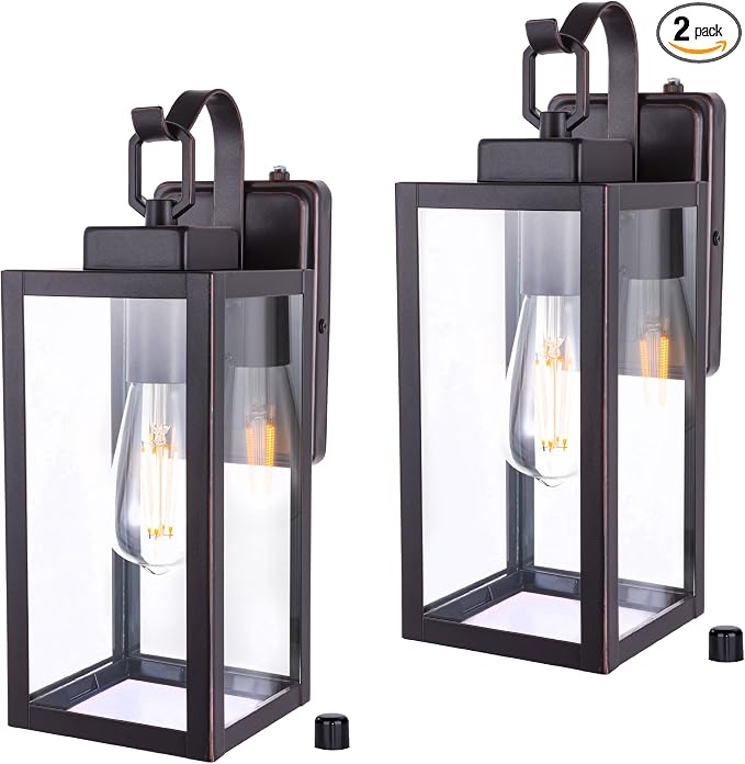 YN-WL009 Outdoor Wall Sconce with Dusk to Dawn Photocell Sensor, Traditional One Light Porch Light, Weather Resistant, Stainless Metal Housing, Clear Glass, Oil Rubbed Bronze, 2-Pack