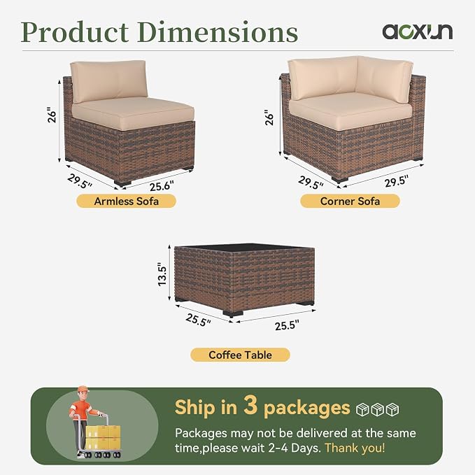 Aoxun 10 Piece Patio Furniture Set Wicker Rattan Patio Conversation Set Outdoor Sectional Sofa Set with Coffee Table and 4” Thickened Cushions, Beige
