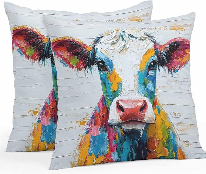 Colorful Cow Outdoor Pillow Covers Pack of 2 Rustic Animal Abstract Cattle Wood Grain Waterproof Throw Pillow Covers Decorative Cushion Cases for Patio Garden Tent Balcony Couch 26x26 inch