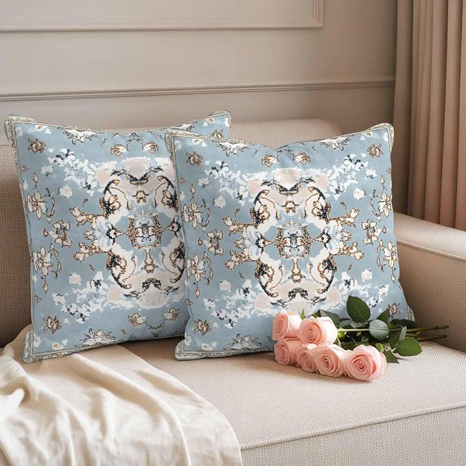 Boho Ethnic Waterproof Outdoor Pillow Covers Set of 2 Home Decor, Blue Farmhouse Abstract Geometric Motifs Pillowcase Patio Pillow Covers for Couch Bench Furniture Garden 16x16in