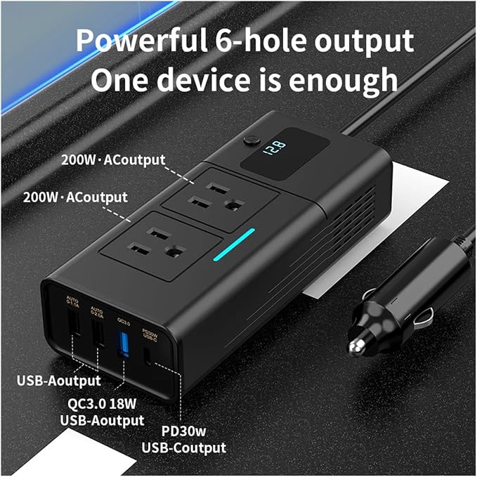Car Converter 200W Inverter Power Converter 12V Vehicles 6 Output Ports QC 3.0 PD LCD Screen Universal