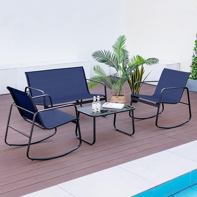 Tangkula 4 Piece Rocking Patio Furniture Set, 2 Rocking Chairs & Loveseat with Glass-Top Table, Patio Rocking Set with Smooth Rocking Motion, Outdoor Rocker Conversation Set for Porch, Yard (1, Navy)