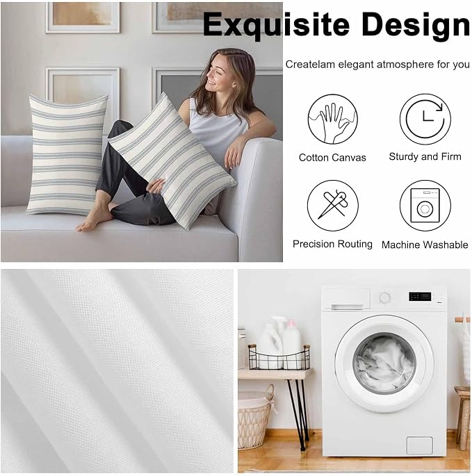 Lumbar Pillow Covers 20x12 Inch Set of 2, Blue Striped Waterproof Outdoor Cushion Covers, Modern Stripes Farmhouse Decorative Pillowcases for Couch, Sofa, Bed, Garden, Patio