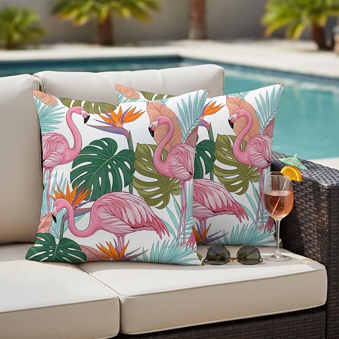 Pink Flamingos Outdoor Pillow Covers 24"x24" Set of 2, Watercolor Monstera Leaf Green Tropical Plant Waterproof Throw Pillow Covers for Patio Furniture, Decorative Cushion Covers for Porch