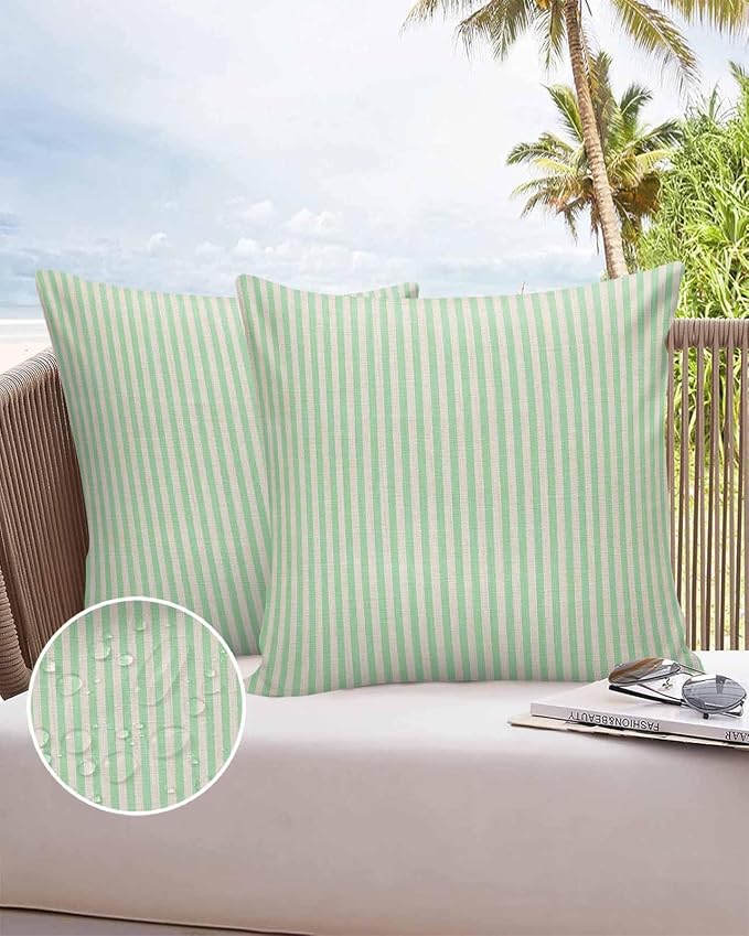Outdoor Waterproof Throw Pillow Covers Set of 2 Green Stripes Pillowcases 20x20 Inches Linen Classic Vertical Striped Patio Decorative Pillows Cushion Case Patio Pillows for Couch Bed Chair Garden