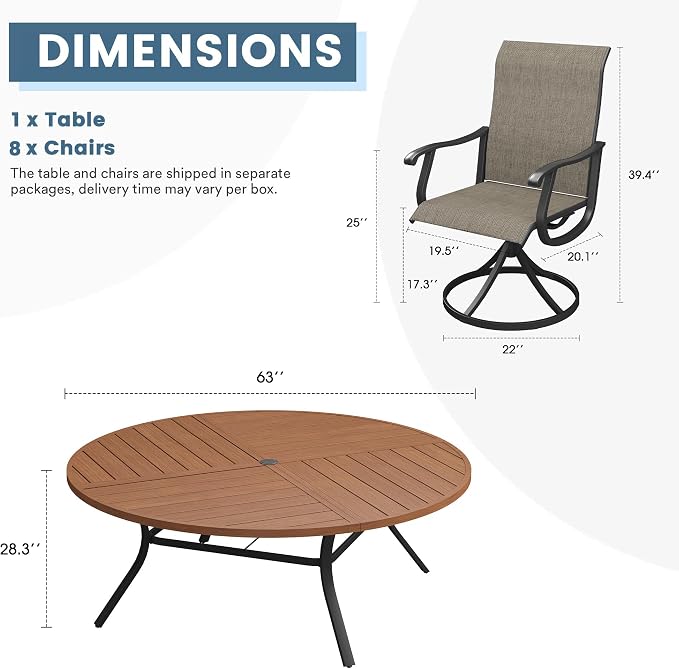 DIFY Patio Table and Chairs Set for 8, 9 Piece Outdoor Dining Set, 63" Walnut Round Metal Dining Table with Umbrella Hole and 8 Brown Textilene Swivel Patio Chairs, for Garden Backyard Deck