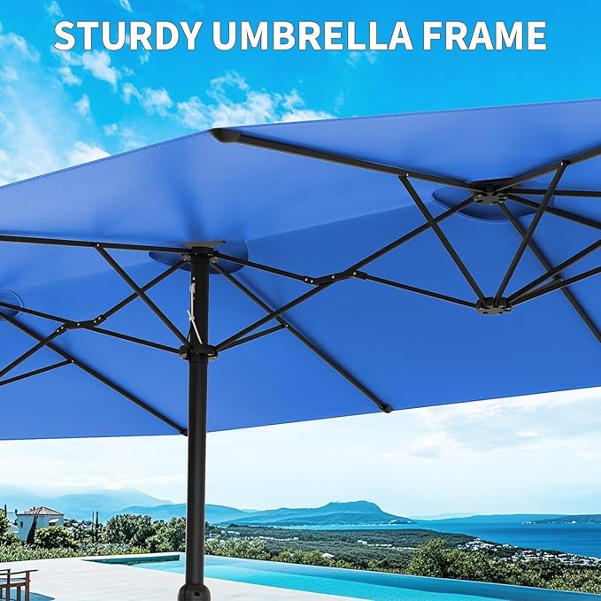 15FT Large Patio Umbrella with Base Included, Outdoor Double-Sided Rectangle Market Umbrella with Crank Handle for Pool, Lawn, Garden, Backyard, Navy Blue