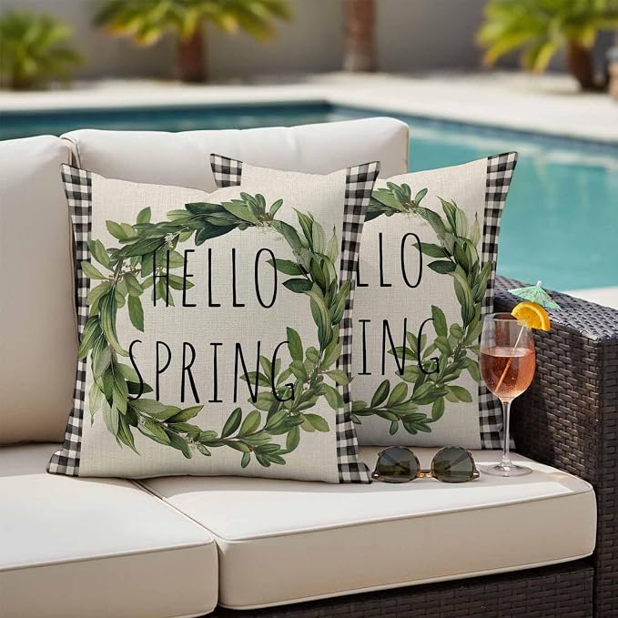 Hello Spring Outdoor Pillow Covers Pack of 2 Green Leaf Plant Black Plaid Vintage Linen Texture Waterproof Throw Pillow Covers Decorative Cushion Cases for Patio Garden Tent Balcony Couch 20x20 inch