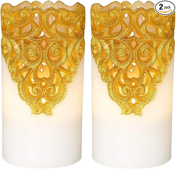 DRomance Hollow Gold Flameless Flickering Candles with 5H Timer, Battery Operated LED Pillar Candles Unscented Wax Warm Light Christmas Home Decoration(Set of 2, 3 x 6 Inches)