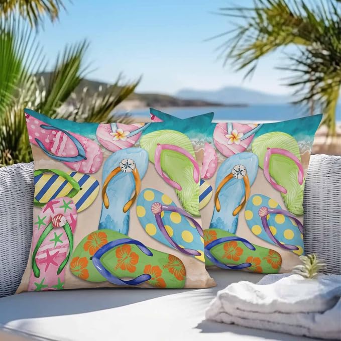 Vandarllin Outdoor Throw Pillows Covers 18x18 inch Set of 2 Waterproof Flip-Flops Decorative Zippered Cushion Covers for Patio Furniture, Summer Sandy Beach Lumbar Pillowcases