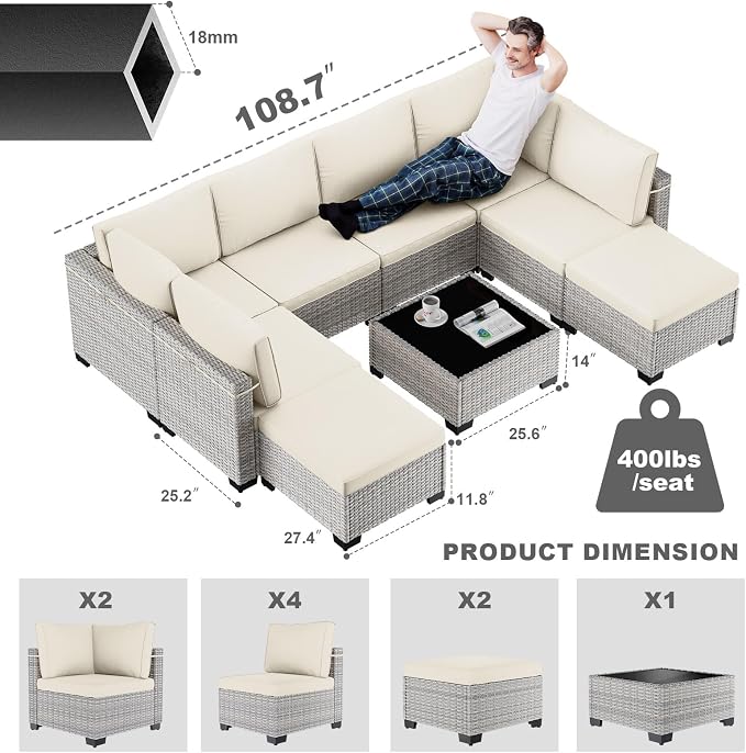 9-Piece Patio Furniture Set, Outdoor Sectional with Ottomans, Modular Patio Sofa, Dual-Strand Wicker Rattan, Rust-Resistant Frame, Backyard Furniture for Garden, Deck, Ivory