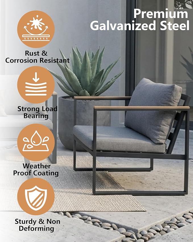 4 Piece Patio Furniture Set,Metal Outdoor Furniture Couch with Clear Tempered Glass Coffee Table,All Weather Patio Conversation Sets with Loveseat & Grey Washable Cushions for Balcony,Porch