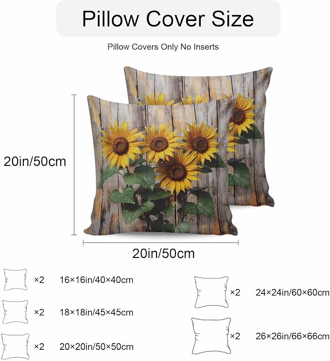 Wooden Sunflower Waterproof Outdoor Pillow Covers Set of 2 Home Decor, Farmhouse Vintage Wooden Floral Pillowcase Patio Pillow Covers for Couch Bench Furniture Garden 26x26in