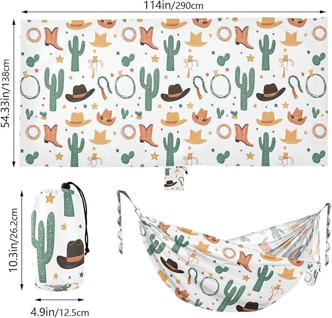 Camping Hammock Outdoor Hammocks for Outside Cowbay Hat Cactus Beach Trees Portable Lightweight with Pockets Tree Straps Indoor Small