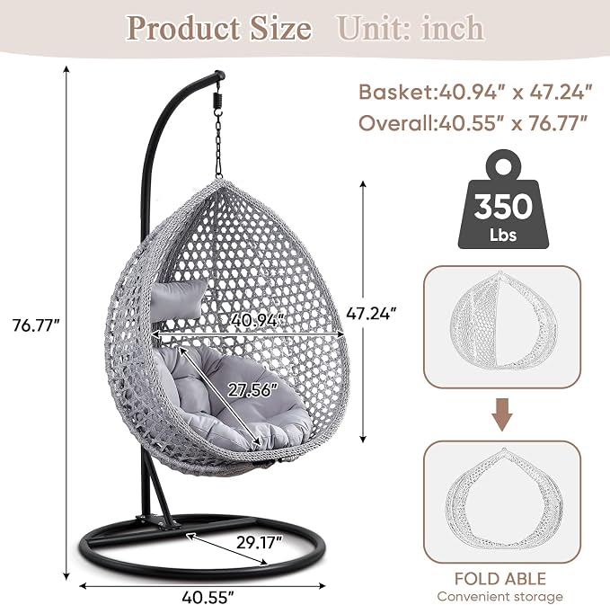 Hanging Egg Swing Chair with Stand, Rattan Wicker Hanging Egg Chair Hammock Indoor with Cushions, Swinging Chair for Bedroom Outdoor Patio Balcony Backyard Sunroom Heavy Duty 350LBS (Gray)