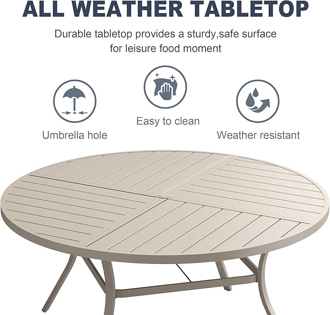 VICLLAX 7 Pieces Patio Outdoor Dining Set, 50" Round Metal Table with Umbrella Hole and 6 Stackable Textilene Chairs for Patio, Lawn, Garden, Porch, Sandshell