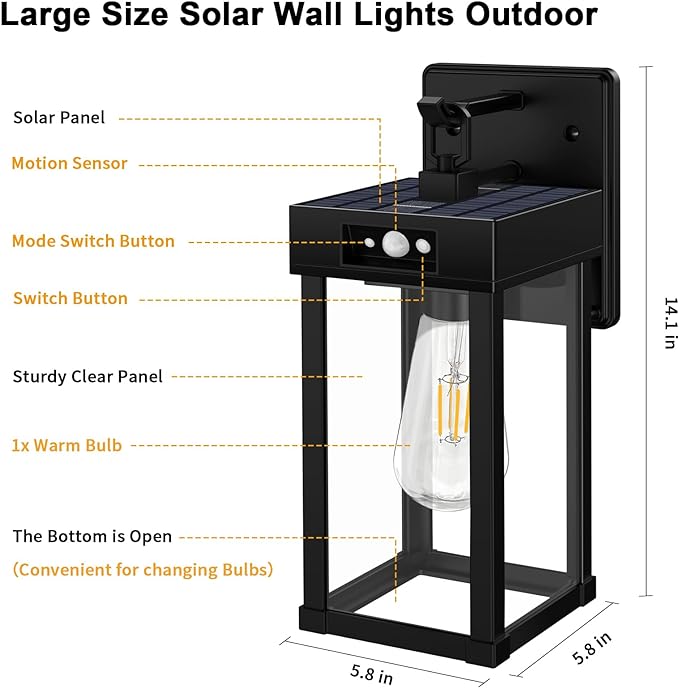 Auzev Outdoor Solar Wall Sconce Dusk to Dawn, Exterior Wall Light Fixture | Waterproof, Large Size, Motion Sensor, 3 Lighting Modes, Solar Wall Sconce Light for Outside,Garage(Black-2P)