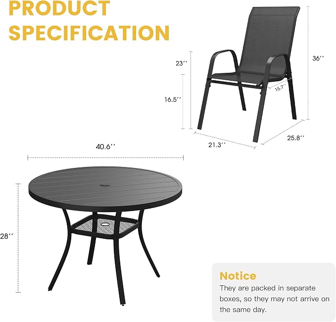 VICLLAX Patio Dining Set for 4, All Weather Metal 5 Pieces Patio Set-40.6" Round Outdoor Table and Stackable Chairs for Lawn Garden and Backyard, Black Tabletop