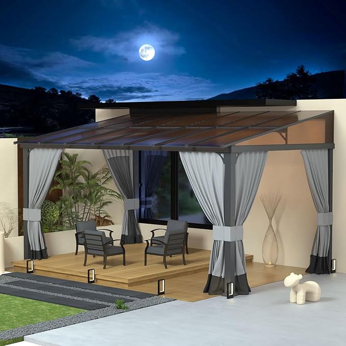 10' x 14' Lean to Gazebo,Large Wall Mount Heavy Duty Gazebos Pavilion,Outdoor Hardtop Pergola Shelter with Curtains and Netting,Sunshade for Patio Garden Lawn Backyard Deck,Grey