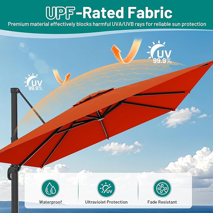 AreShark 8 X 8 FT Cantilever Patio Umbrella, 360-Degree Rotation Round Hanging Offset Umbrella with Crank, Heavy Duty Patio Umbrella for Patio, Pool, Garden, Deck, Orange