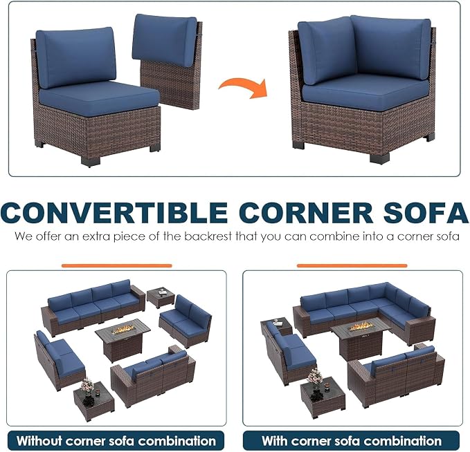 13 Piece Patio Furniture Set with Fire Pit Table, Wide Armrest Outdoor Sectional Sofa Brown Wicker Rattan Conversation Sets, 4'' Thickened Cushion Navy Blue