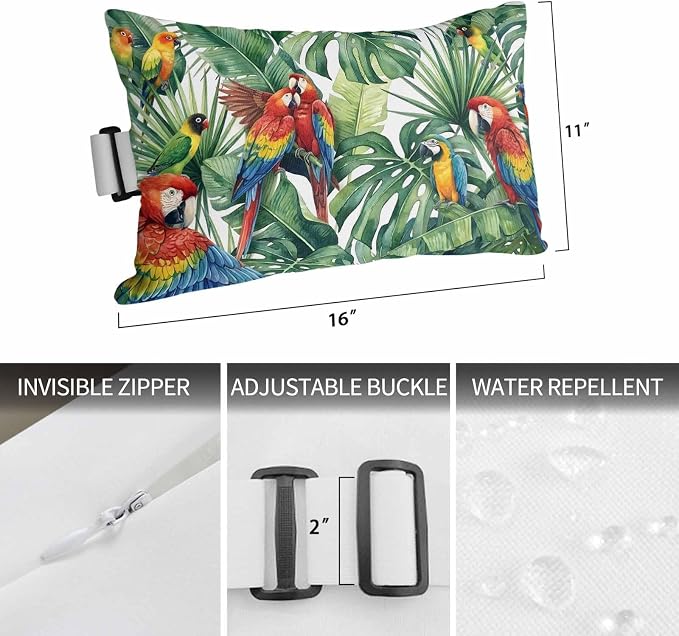 Outdoor Lumbar Pillow Set of 2, Tropical Plants Waterproof Beach Headrest Pillow with Inserts, Summer Rustic Monstera Palm Leaves Birds Green Recliner Throw Pillows for Patio Furniture, 11 x 16