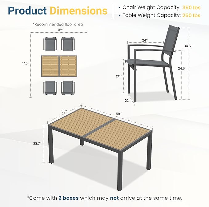 Patio Table and Chairs Set for 4, Outdoor Patio Furniture Set with Aluminum Table and Metal Textilene Chairs, All-Weather Outdoor Dining Set with HDPS Rectangular Tabletop for Garden Porch