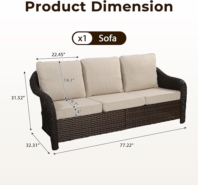 77 inch Outdoor Wicker 3 Seater Sofa, All-Weather Use Patio Rattan Sofa with Seat and Back Cushion, Ideal for Porch, Backyard, Balcony, Poolside, Beige