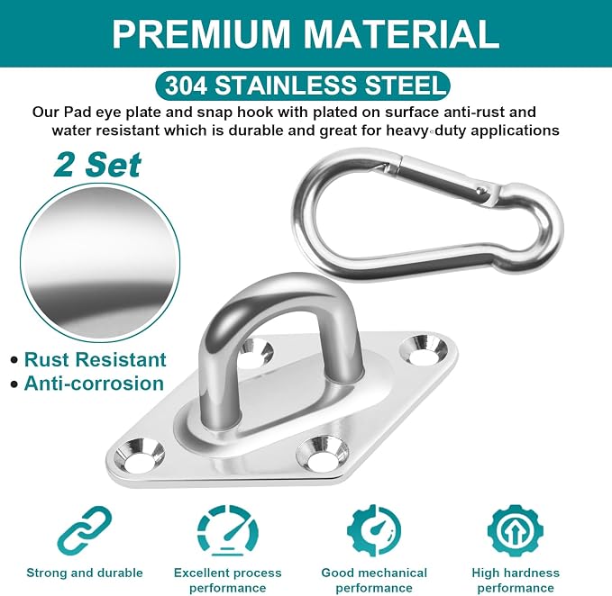 Heavy Duty Hammock Hanging kit - 1000 lb Capacity Swing Hooks, Ceiling Hooks for Wall/Ceiling Mount, Indoor & Outdoor - Stainless Steel (Medium)