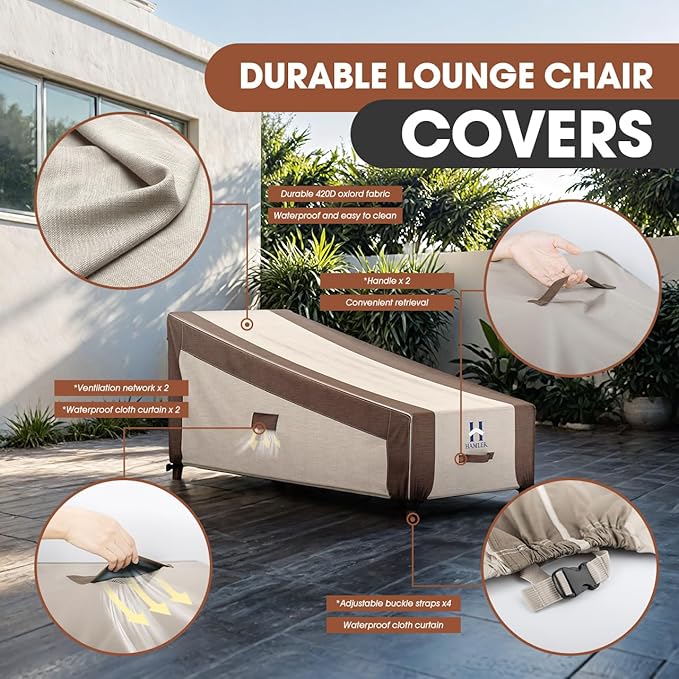 HAMLER Lounge Chair Cover, Heavy Duty Chaise Lounge Covers Outdoor Waterproof, Outdoor Furniture Covers for Patio Furniture Fits up to 76L x 32W x 32 H Inch, Brown & Beige